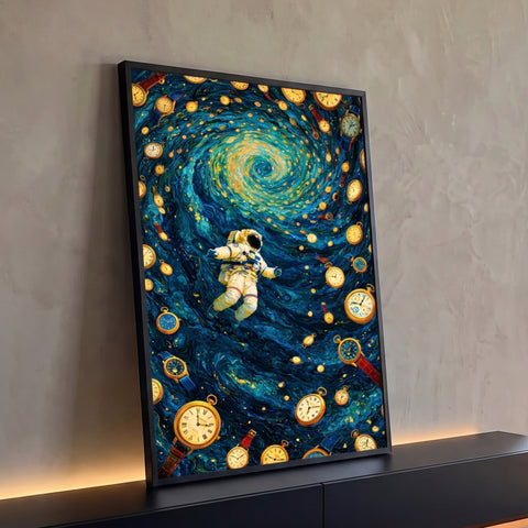 Astronauta flutuando em redemoinho azul estilo noite estrelada com relógios dourados, quadro decorativo