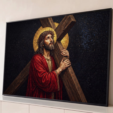 Jesus Cristo com coroa de espinhos carregando a cruz em mosaico, auréola dourada, fundo preto, quadro decorativo