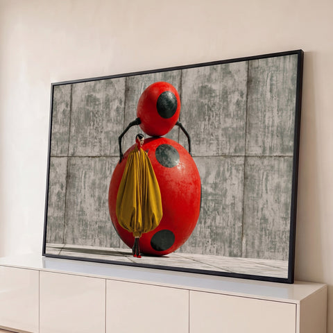 Mulher de casaco amarelo e escultura vermelha de bolinhas pretas sobre concreto, quadro decorativo
