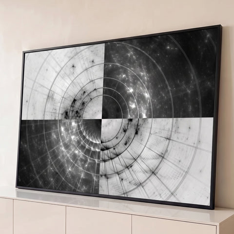 Abstrato fractal preto e branco com anéis concêntricos e quadrantes de tons invertidos, quadro decorativo