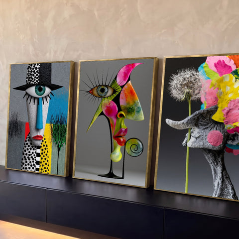 Quadro Decorativo Kit 3 Telas Rostos Dente-de-leão para Sala | quadros decorativos para sala | tríptico surreal com rosto de um olho, escultura colorida e dente-de-leão florido | Porao dos Quadros