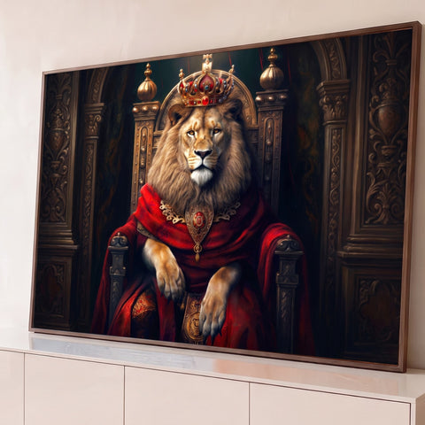 Leão coroado de manto vermelho sentado em trono de madeira entalhada, arte digital, quadro decorativo
