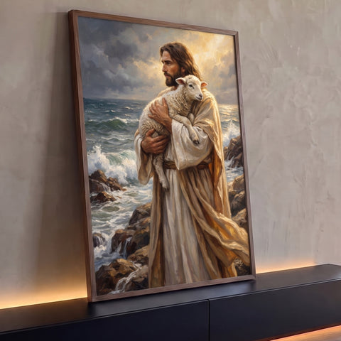 Jesus segurando cordeiro no colo sobre rochas, mar revolto e luz dourada ao fundo, quadro decorativo