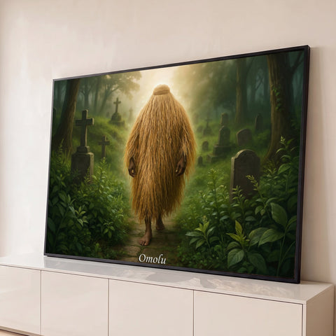 Orixá Omolu coberto por manto de palha caminhando em cemitério na mata verde enevoada, quadro decorativo