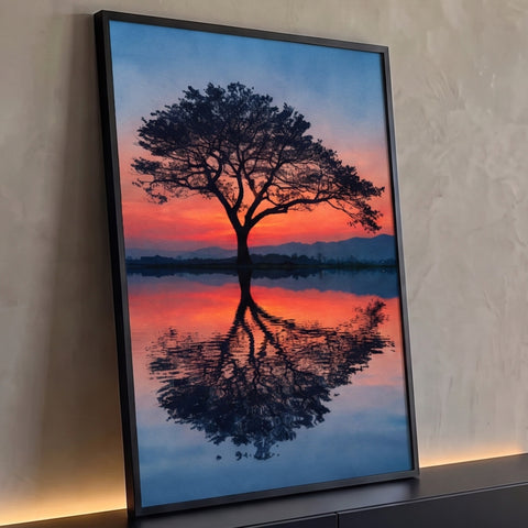 Árvore em silhueta com reflexo no lago sob pôr do sol laranja e céu azul, quadro decorativo