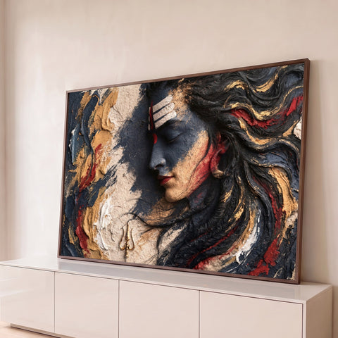 Shiva de perfil meditando em textura preta, bege e vermelha com tridente dourado, quadro decorativo