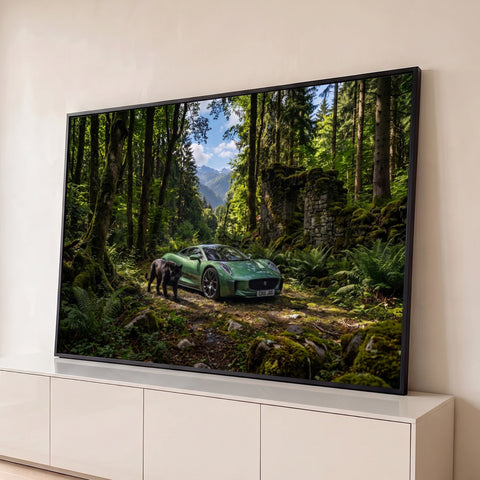 Carro esportivo verde na floresta com musgo, pantera negra, ruínas de pedra e montanhas, quadro decorativo