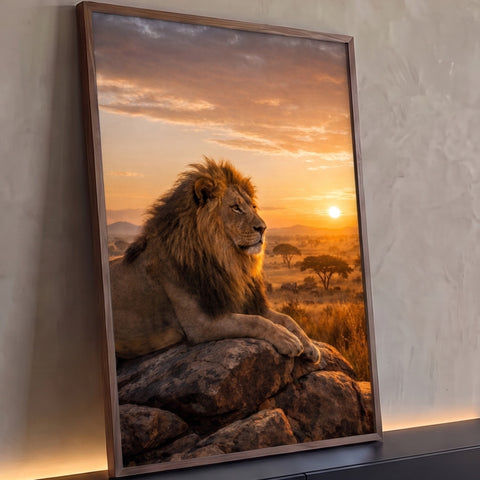 Leão de juba farta deitado sobre rocha na savana africana ao pôr do sol, quadro decorativo