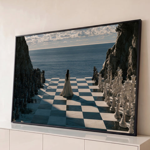 Quadro Decorativo Mulher no Tabuleiro de Xadrez Gigante | quadros decorativos para sala | mulher de vestido branco em tabuleiro de xadrez gigante à beira-mar, peças brancas e pretas ao redor | Porao dos Quadros