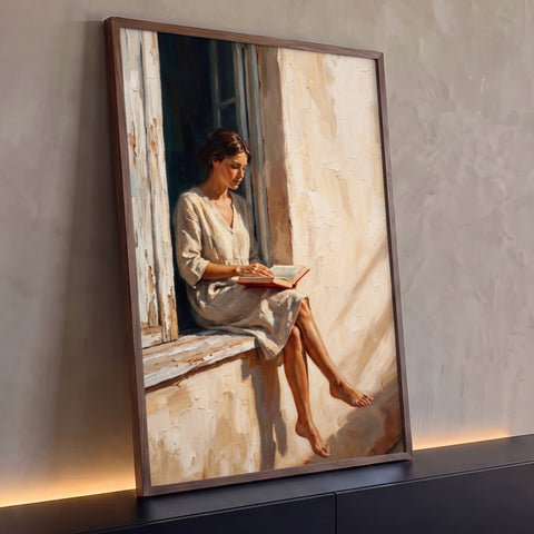 Mulher descalça de vestido claro lendo livro vermelho sentada na janela, pintura a óleo, quadro decorativo