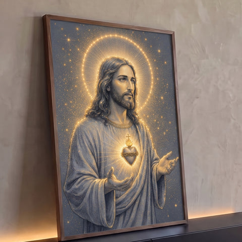 Jesus Cristo de mãos abertas com Sagrado Coração em chamas e halo dourado sob céu estrelado, quadro decorativo