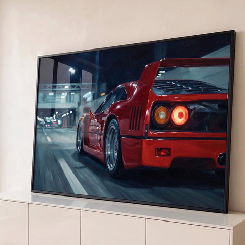 Ferrari F40 vermelha vista de trás com lanternas acesas em rua noturna, pintura a óleo, quadro decorativo