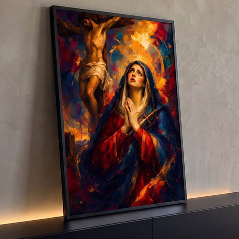 Quadro Decorativo Grande Nossa Senhora das Dores para Sala | quadros decorativos para sala | Nossa Senhora em oração com espada no peito e Cristo crucificado ao fundo | Porao dos Quadros