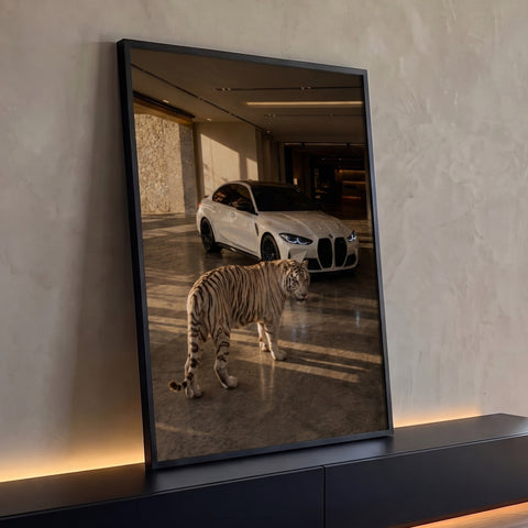 Tigre branco caminhando diante de carro esportivo em garagem de mármore ao pôr do sol, quadro decorativo