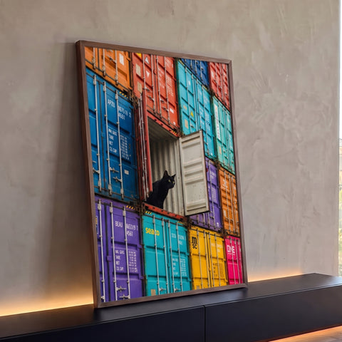 Gato preto espiando de container aberto entre containers coloridos empilhados em porto, quadro decorativo