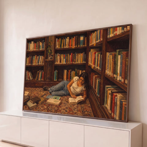 Jovem deitada no tapete lendo livro entre estantes de biblioteca em pintura a óleo marrom, quadro decorativo