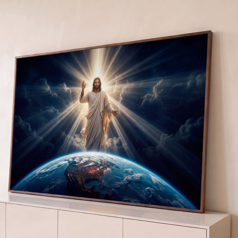 Jesus Cristo de manto branco abençoando o planeta Terra entre raios de luz e céu estrelado, quadro decorativo