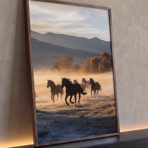 Quadro Decorativo Grande Cavalos Selvagens para Sala Marrom | quadros decorativos para sala | cavalos correndo em campo com neblina dourada e montanhas ao fundo | Porao dos Quadros