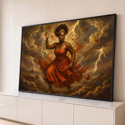 Iansã de vestido vermelho entre raios, nuvens de tempestade e borboletas vermelhas, quadro decorativo