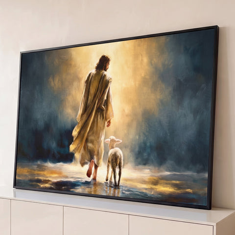Jesus de costas caminhando ao lado de um cordeiro sob luz dourada, pintura a óleo, quadro decorativo