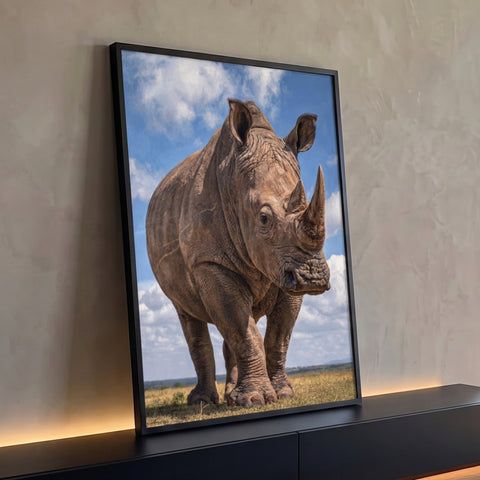 Rinoceronte-branco realista em pé na savana sob céu azul com nuvens, quadro decorativo