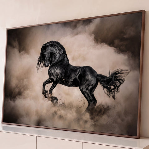 Cavalo preto empinado com crina ao vento em meio a nuvem de poeira bege, quadro decorativo