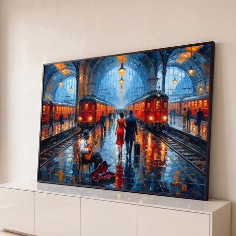 Casal caminhando em estação de trem com trens vermelhos e violonista, pintura a óleo, quadro decorativo