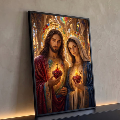 Jesus e Maria segurando corações sagrados em chamas diante de vitrais coloridos, quadro decorativo