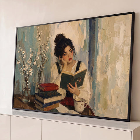 Jovem pensativa lendo livro ao lado de livros, flores brancas e xícara de chá em óleo bege, quadro decorativo
