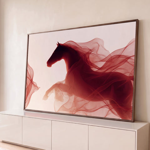 Cavalo vermelho envolto em véus translúcidos esvoaçantes sobre fundo claro, quadro decorativo