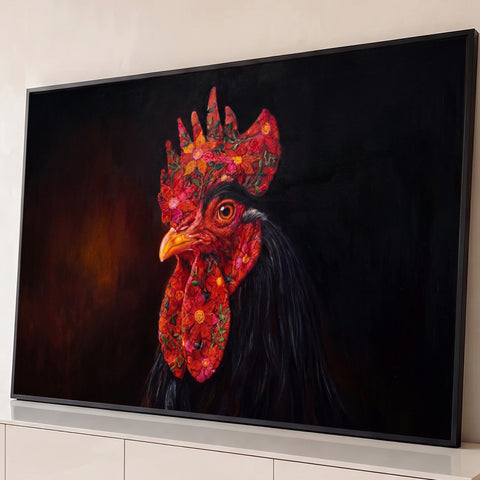 Pintura a óleo de galo com crista e barbela cobertas de flores vermelhas sobre fundo preto, quadro decorativo