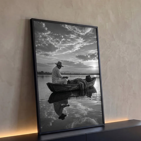 Pescador com chapéu em barco de madeira sobre lago calmo ao pôr do sol, em preto e branco, quadro decorativo