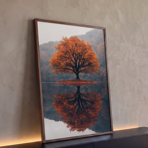Árvore de folhas laranja em ilhota refletida em lago calmo com montanhas enevoadas, quadro decorativo