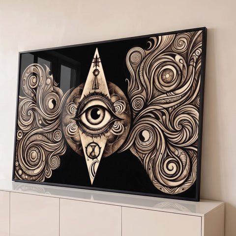 Ilustração de olho que tudo vê em losango com espirais ornamentais bege sobre fundo preto, quadro decorativo