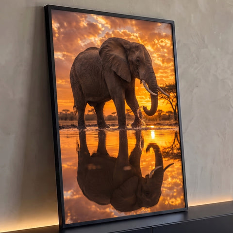Elefante africano bebendo água ao pôr do sol laranja, refletido no lago da savana, quadro decorativo