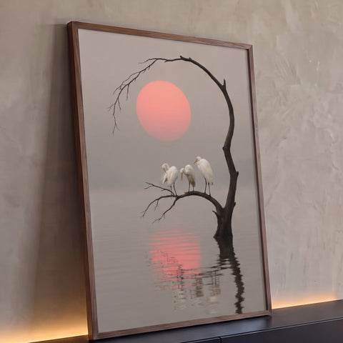 Três garças brancas em árvore seca sobre lago, sol rosa e reflexo em névoa cinza, quadro decorativo