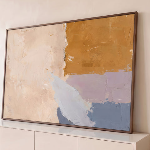 Pintura abstrata em espátula com blocos de bege, ocre, lavanda e azul acinzentado, quadro decorativo