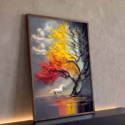 Árvore com folhas vermelhas, amarelas e cinzas e cavalo branco correndo sobre reflexo, quadro decorativo