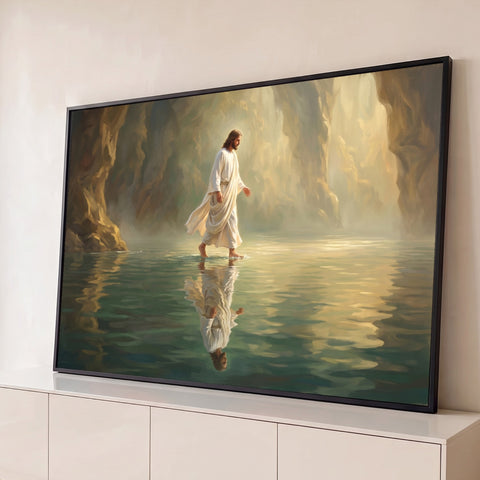 Jesus de túnica branca caminhando sobre as águas em cânion dourado com reflexo, quadro decorativo