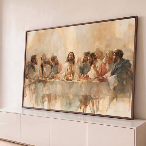 Quadro Decorativo A Última Ceia em Tons Bege e Dourado | quadros decorativos para sala | última ceia com Jesus segurando cálice dourado cercado pelos apóstolos em tons bege | Porao dos Quadros