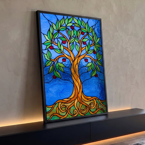 Quadro Decorativo Grande Árvore da Vida para Sala Azul | quadros decorativos para sala | árvore estilizada em efeito vitral com tronco dourado, folhas verdes e frutos vermelhos sobre fundo azul | Porao dos Quadros