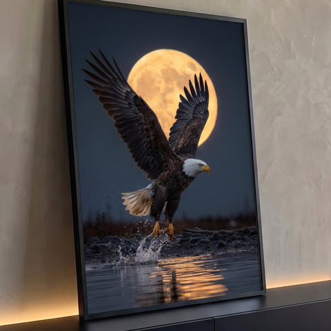 Quadro Decorativo Grande Águia em Voo com Lua para Sala Azul | quadros decorativos para sala | águia de cabeça branca em voo com asas abertas diante de lua cheia dourada | Porao dos Quadros
