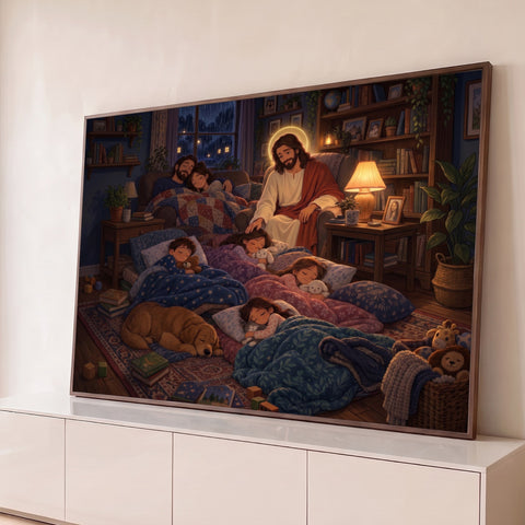 Jesus com auréola velando família e crianças dormindo na sala em noite de chuva, quadro decorativo