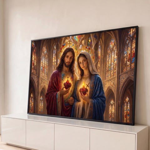 Jesus e Maria segurando corações sagrados em chamas em catedral gótica com vitrais, quadro decorativo
