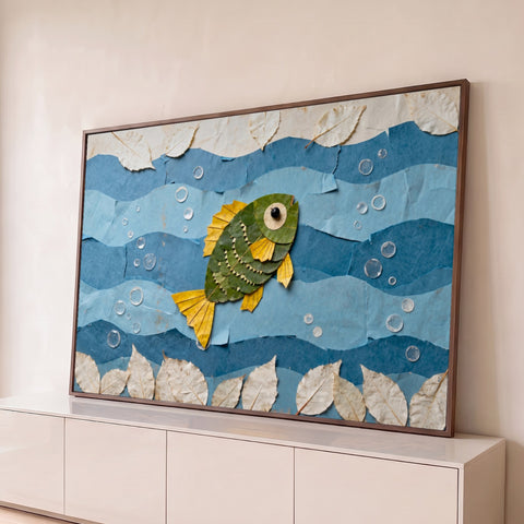 Peixe feito de folhas secas verdes e amarelas entre ondas de papel azul e bolhas de água, quadro decorativo