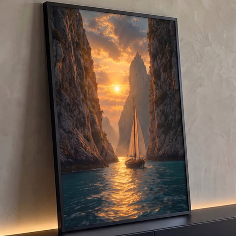 Veleiro navegando entre penhascos ao pôr do sol dourado sobre mar turquesa, quadro decorativo