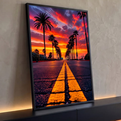 Avenida com faixa amarela e palmeiras em silhueta sob céu laranja e roxo ao pôr do sol, quadro decorativo