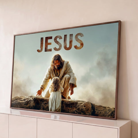 Jesus ajoelhado sobre rocha estende a mão a uma criança, com a palavra JESUS no céu, quadro decorativo