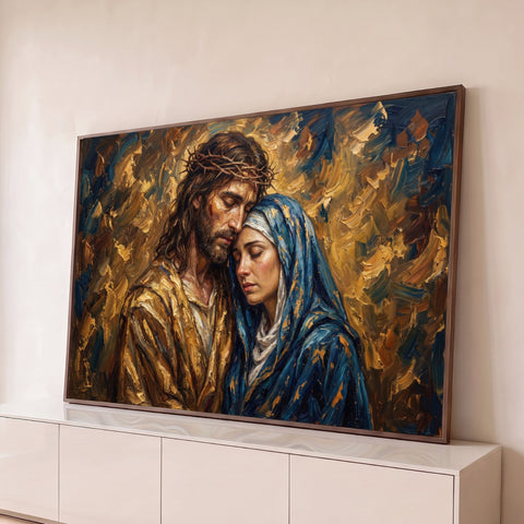 Jesus com coroa de espinhos abraça Maria em lágrimas, pinceladas a óleo douradas e azuis, quadro decorativo