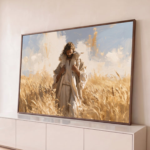 Jesus Bom Pastor com ovelha nos ombros em campo de trigo dourado, pintura a óleo, quadro decorativo